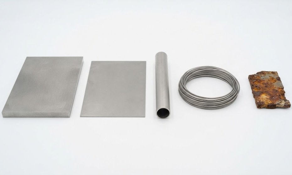 Titanium plate, titanium sheet, titanium tubing, titanium wire alongside rusted carbon steel, to answer does titanium rust